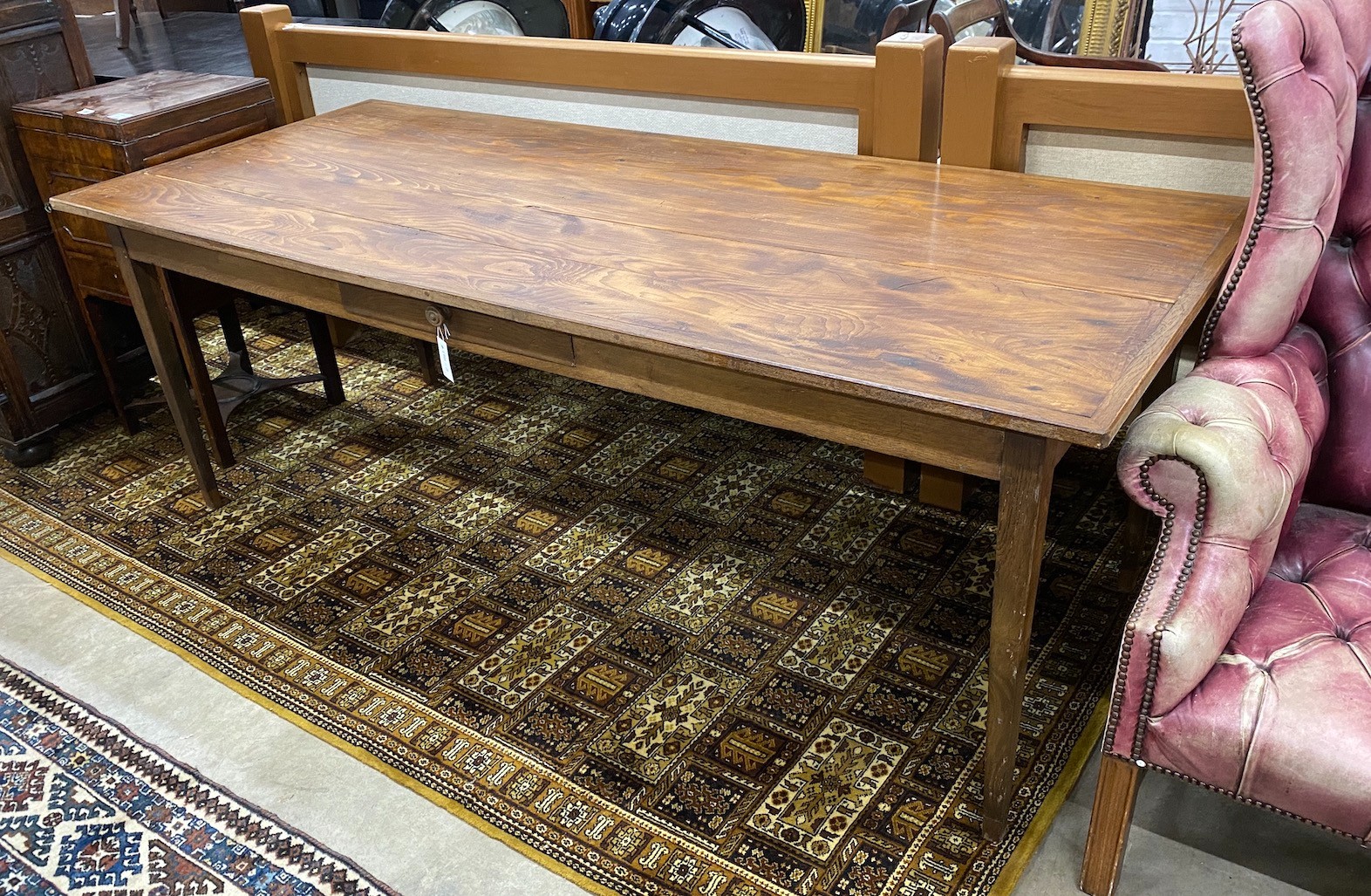 A rectangular French style oak kitchen table from a factory in France, length 204cm, depth 85cm, height 75cm
